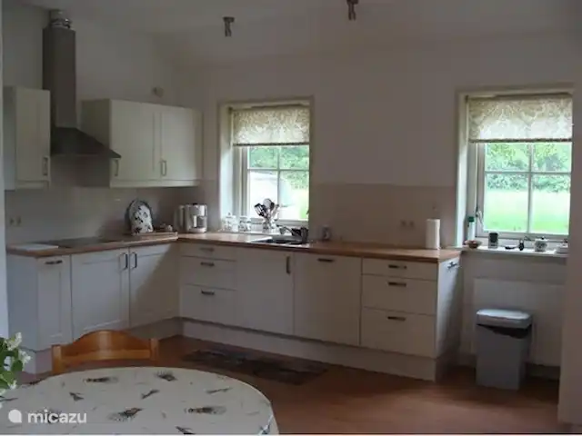 El Broekhof en Países Bajos, Güeldres, Klarenbeek - casa vacacional Cocina con vitrocerámica y vista al prado