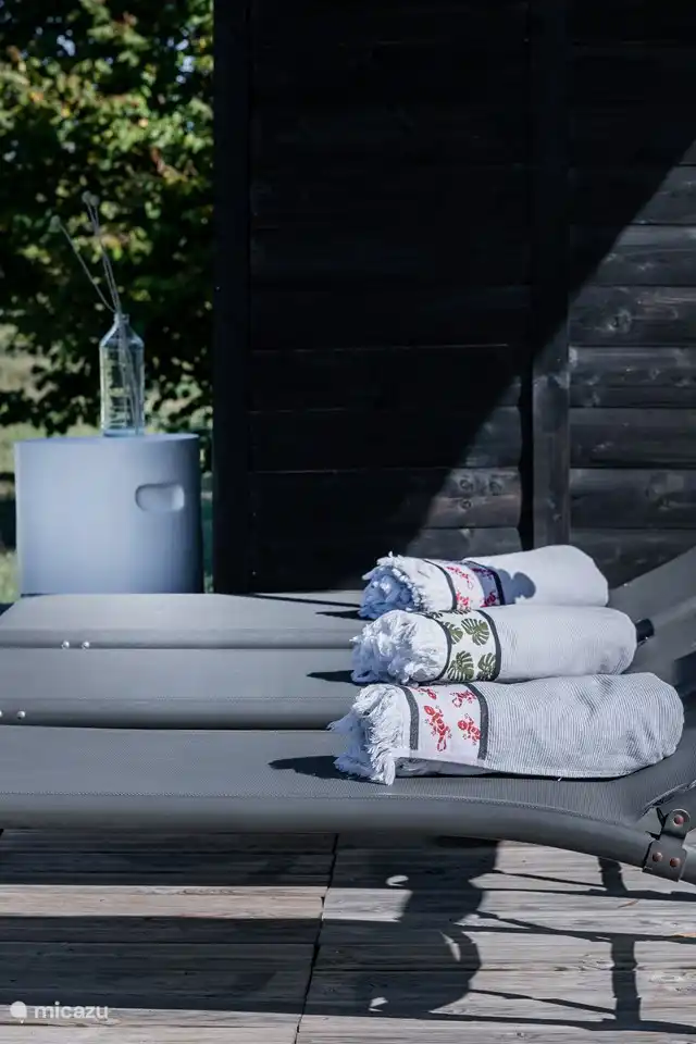 Auf Ihrer Liege am Pool warten weiche Badetücher auf Ihre Ankunft. Alles ist bereit für einen entspannten Tag am Wasser!