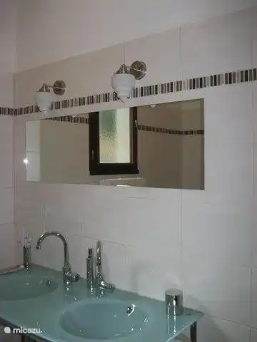 Upstairs bathroom with double glass sink.