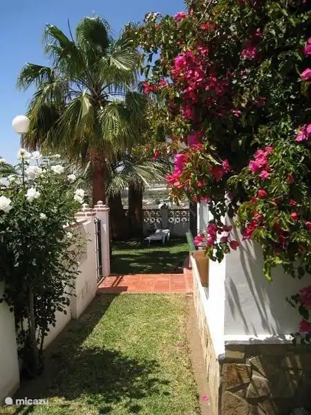 blühende Sträucher rund ums Haus. Der Garten ist komplett ummauert, also sicher für Kinder.