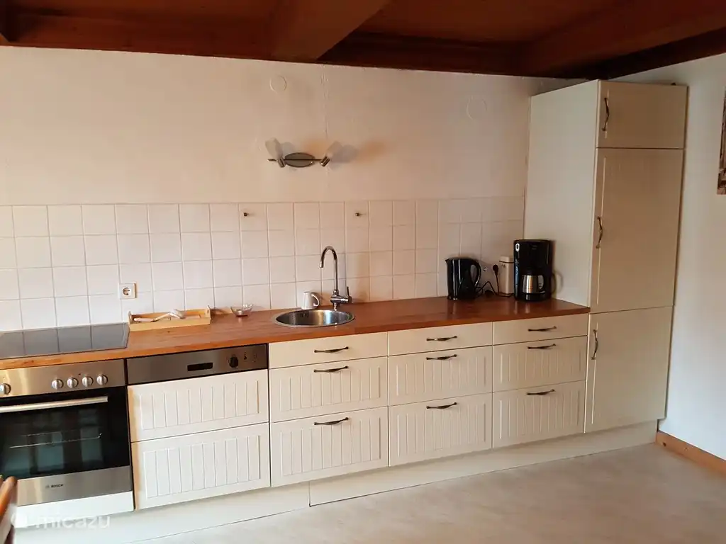 Küche mit Geschirrspüler, Kühl- / Gefrierkombination Mikrowelle, Kochplatten und Ofen.