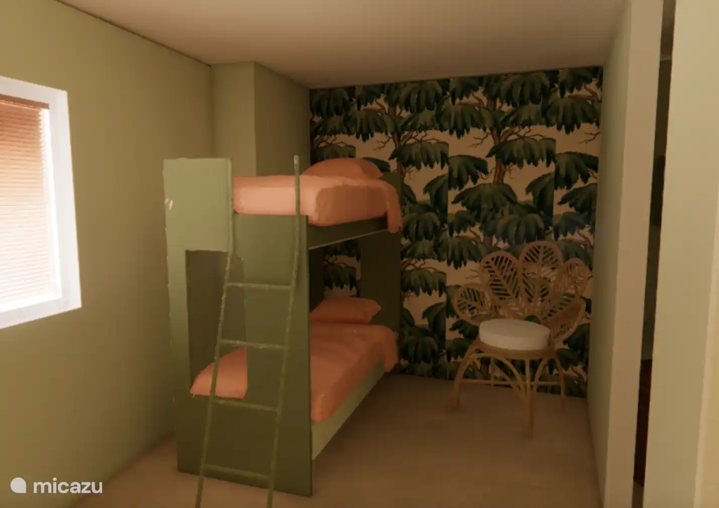 Kinderkamer

Impressie van de sfeervolle kinderkamer met stapelbedden, vrolijke kleuren en tropisch behang. Een eigen plekje voor de kinderen.