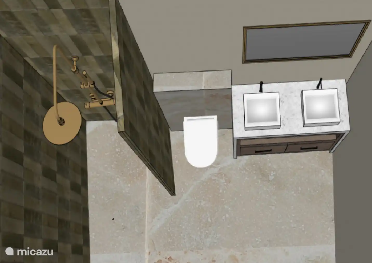Badkamer
Impressie van een moderne badkamer met inloopdouche, dubbele wastafel en warme, natuurlijke materialen.