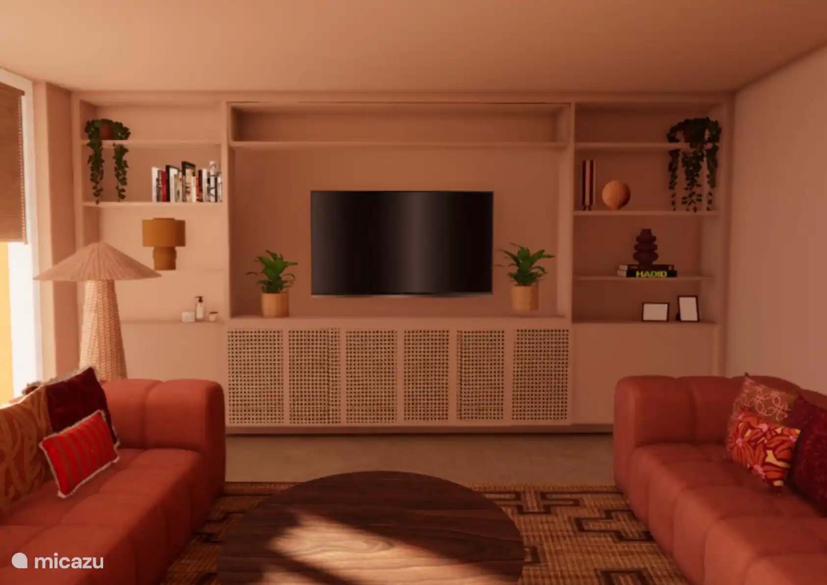 Woonkamer – zithoek

Impressie van de gezellige zithoek met comfortabele banken, grote televisie en veel natuurlijk licht. Een fijne plek om samen te ontspannen.