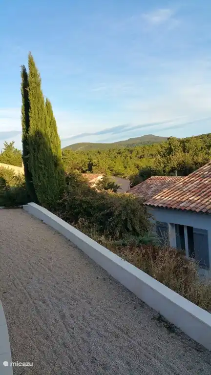 Terras en zwembad van 5 x 10 m met mooie houten ligbedden en parasols.