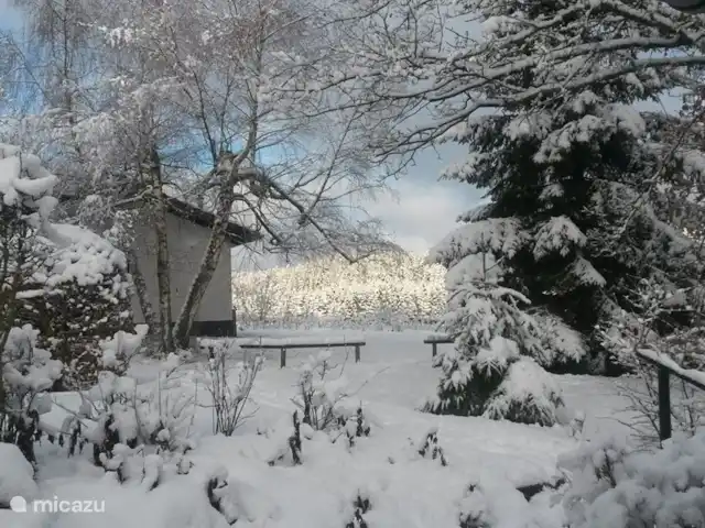 Maison de vacances idyllique dans l'Eifel | Allemagne, Eifel, Lissendorf - bungalow vue hivernale de la terrasse avant