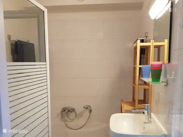 Appelscha 'De Griene Romte' en Países Bajos, Frise, Appelscha - casa vacacional Baño climatizado. Contiene baño con ducha de mano, cuarto de ducha separado (entrada baja) y lavabo.