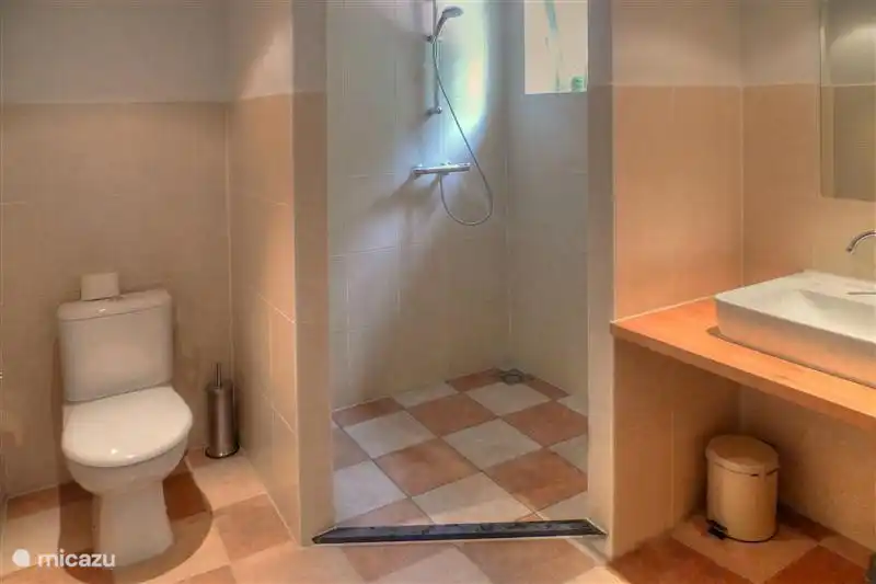 Quatre salles de bains luxueuses avec douche et toilettes.