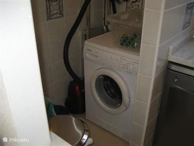 Une buanderie avec lave-linge, aspirateur, balayeuse, table et fer à repasser.