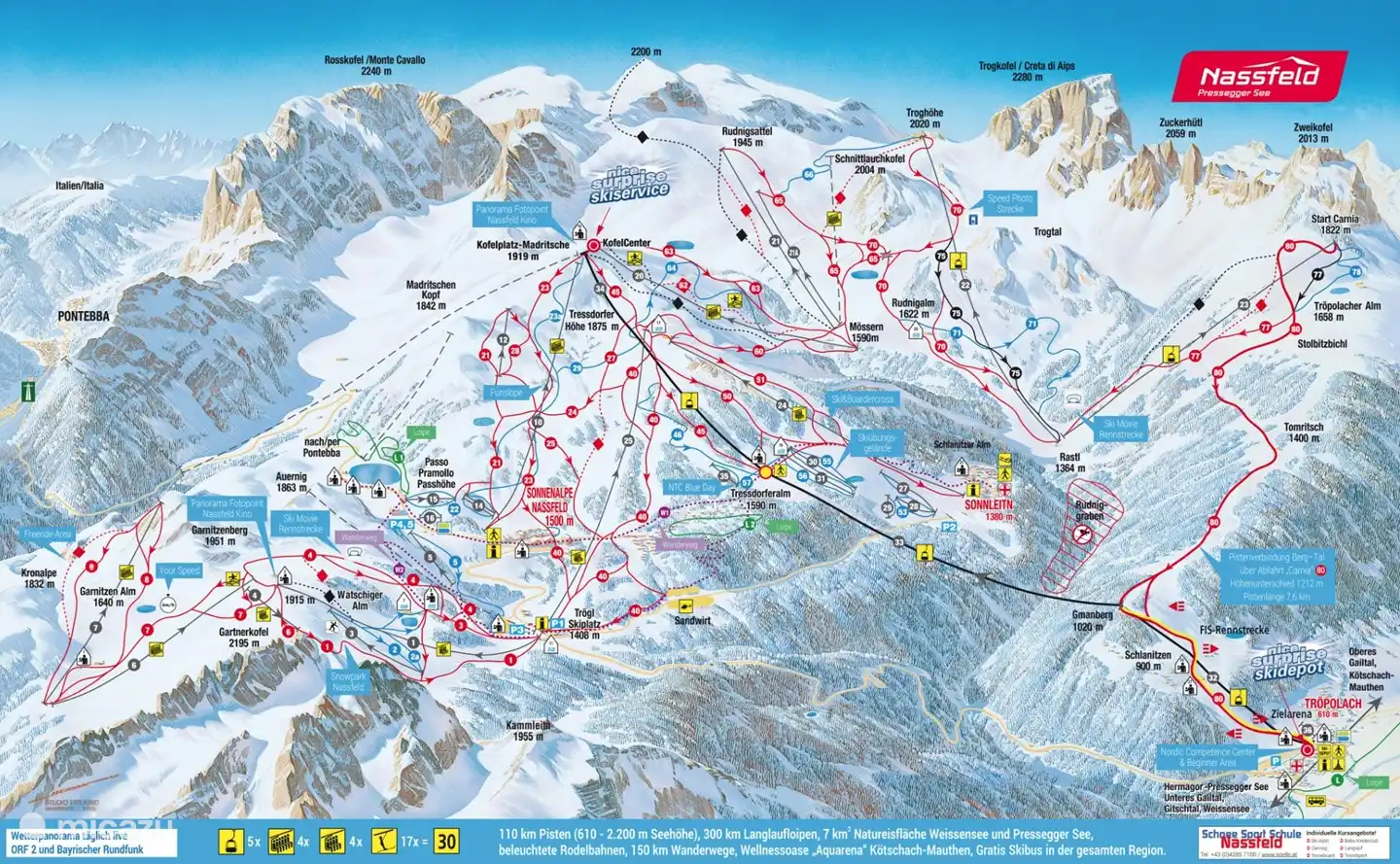 Ski map Nassfeld about 30 minutes from the house Alpenruhe to the slopes. Of course you can also go by bus, then you get off at the gondola.
See www.nassfeld.at for more information