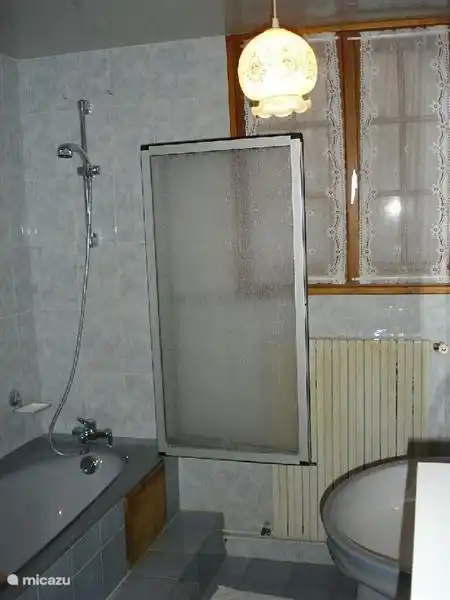 Downstairs bathroom with bath and shower