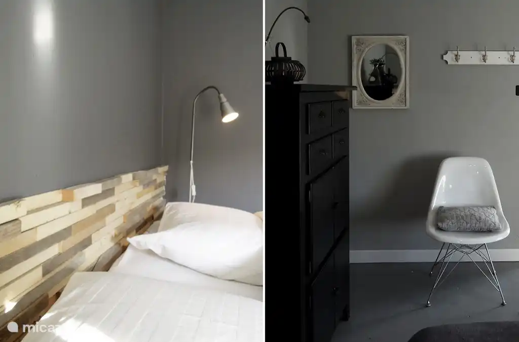 La chambre « Pacquerette » est réalisée dans de douces nuances de gris.
