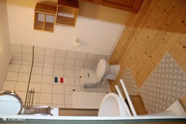 Badkamer boven met wastafel, douche en toilet
